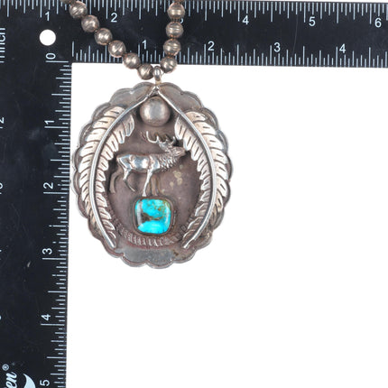 22" Large Vintage Navajo sterling silver deer pendant beaded necklace turquoise