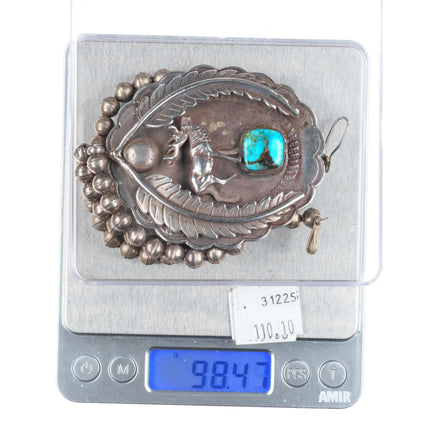 22" Large Vintage Navajo sterling silver deer pendant beaded necklace turquoise