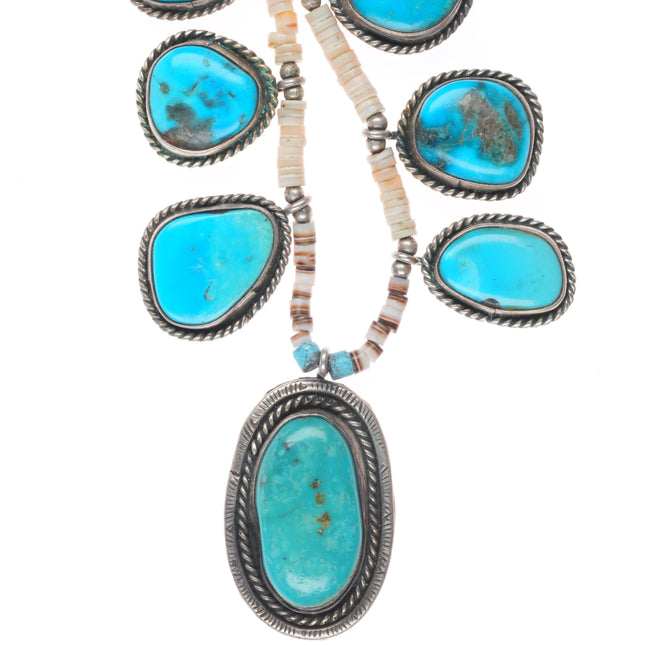 16" Vintage Native American sterling silver shell heishi turquoise tab necklace