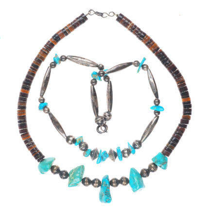 16.5" & 14" Vintage Native American sterling silver heishi turquoise necklaces