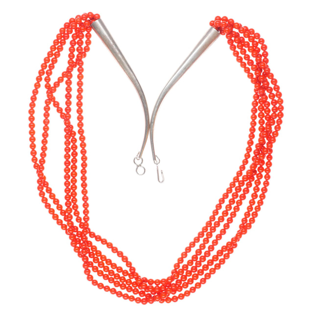 Vintage Native American 5 Strand red coral bead sterling silver necklace