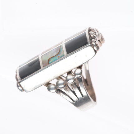 sz8.75 Large vintage Zuni sterling silver shell/jet channel inlay ring