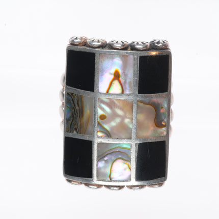sz8.75 Large vintage Zuni sterling silver shell/jet channel inlay ring