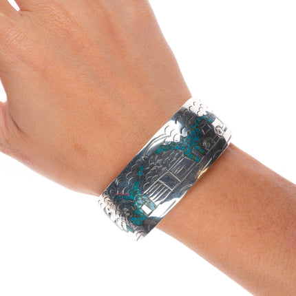 7" Vintage Navajo sterling silver chip inlay turquoise storyteller cuff bracelet