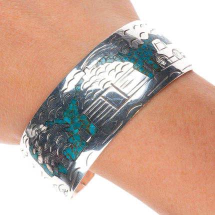 7" Vintage Navajo sterling silver chip inlay turquoise storyteller cuff bracelet