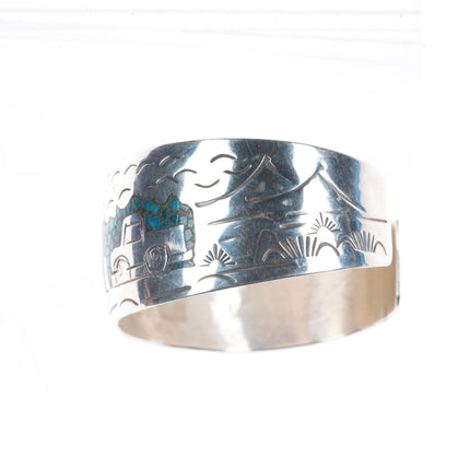 7" Vintage Navajo sterling silver chip inlay turquoise storyteller cuff bracelet