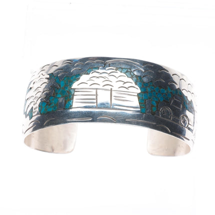 7" Vintage Navajo sterling silver chip inlay turquoise storyteller cuff bracelet
