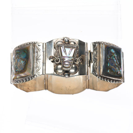 7" Vintage Mexican sterling silver carved Abalone Mother of pearl link bracelet