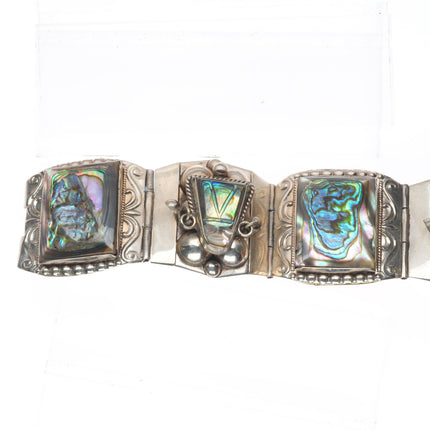 7" Vintage Mexican sterling silver carved Abalone Mother of pearl link bracelet