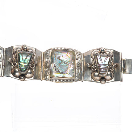 7" Vintage Mexican sterling silver carved Abalone Mother of pearl link bracelet