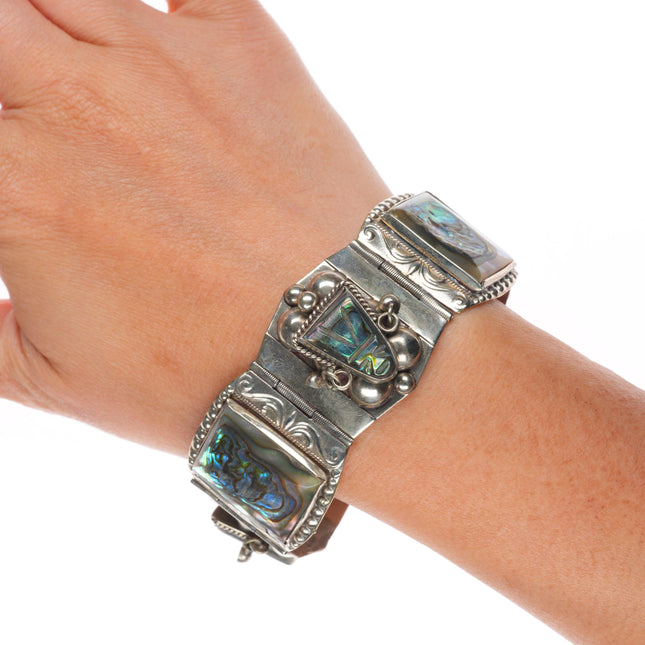 7" Vintage Mexican sterling silver carved Abalone Mother of pearl link bracelet