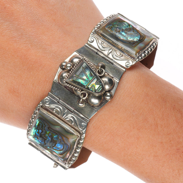 7" Vintage Mexican sterling silver carved Abalone Mother of pearl link bracelet