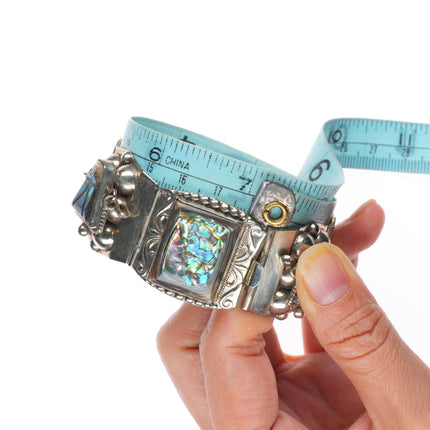 7" Vintage Mexican sterling silver carved Abalone Mother of pearl link bracelet