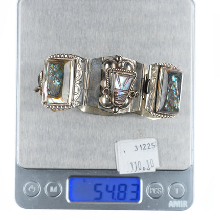 7" Vintage Mexican sterling silver carved Abalone Mother of pearl link bracelet