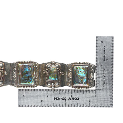 7" Vintage Mexican sterling silver carved Abalone Mother of pearl link bracelet