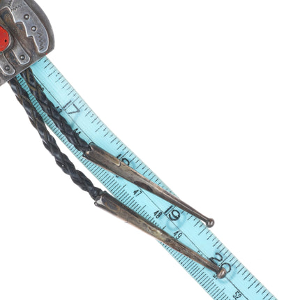 c1960 c-31 Navajo sterling silver, turquoise, coral winged figure bolo tie