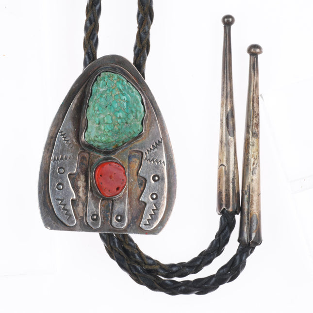 c1960 c-31 Navajo sterling silver, turquoise, coral winged figure bolo tie