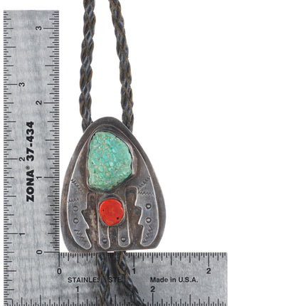 c1960 c-31 Navajo sterling silver, turquoise, coral winged figure bolo tie