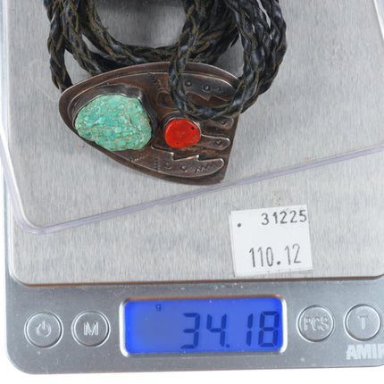 c1960 c-31 Navajo sterling silver, turquoise, coral winged figure bolo tie