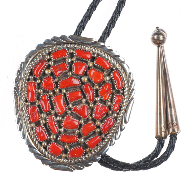 Large Vintage Navajo sterling silver coral cluster bolo tie