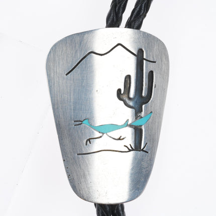 Vintage Navajo sterling silver Saguaro cactus Roadrunner turquoise bolo tie