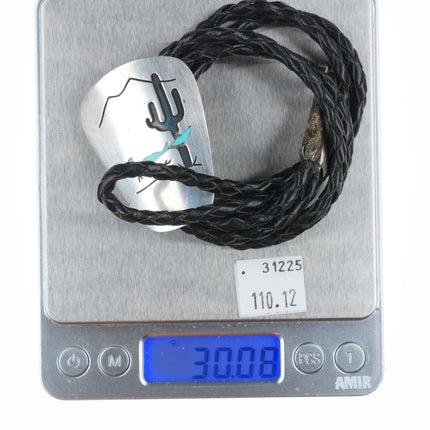 Vintage Navajo sterling silver Saguaro cactus Roadrunner turquoise bolo tie