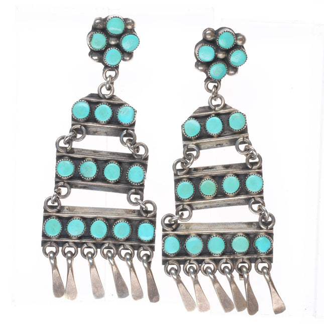 long vintage Zuni sterling silver snake eye turquoise chandelier earrings