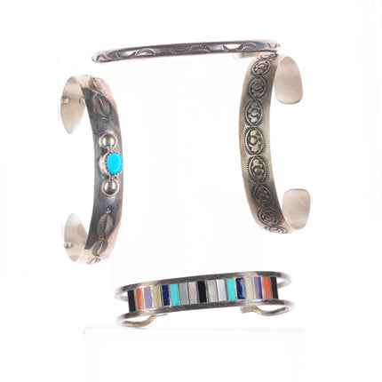 6.2" Vintage Navajo/Zuni sterling silver channel inlay/stamped cuff bracelet lot
