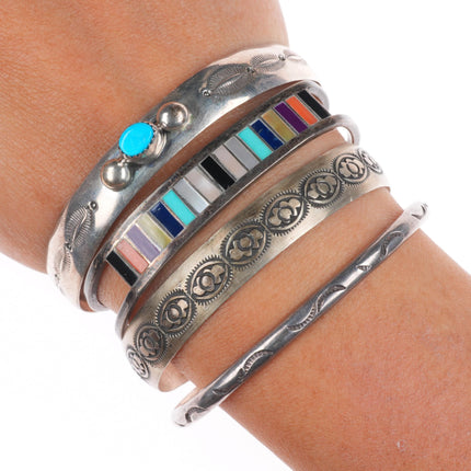 6.2" Vintage Navajo/Zuni sterling silver channel inlay/stamped cuff bracelet lot