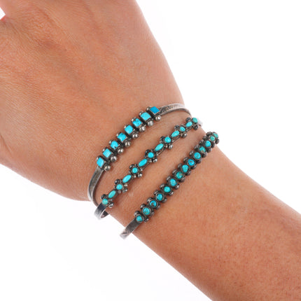 6.2" Zuni sterling silver dot-dot-dash/snake eye/square turquoise cuff bracelets