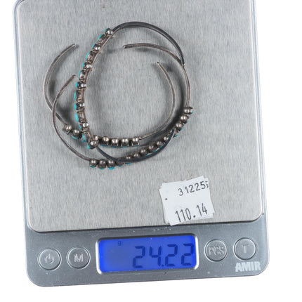 6.2" Zuni sterling silver dot-dot-dash/snake eye/square turquoise cuff bracelets