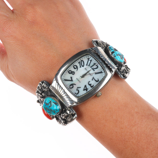 6.25" Jen Navajo Vintage sterling silver turquoise/coral heavy watch tips