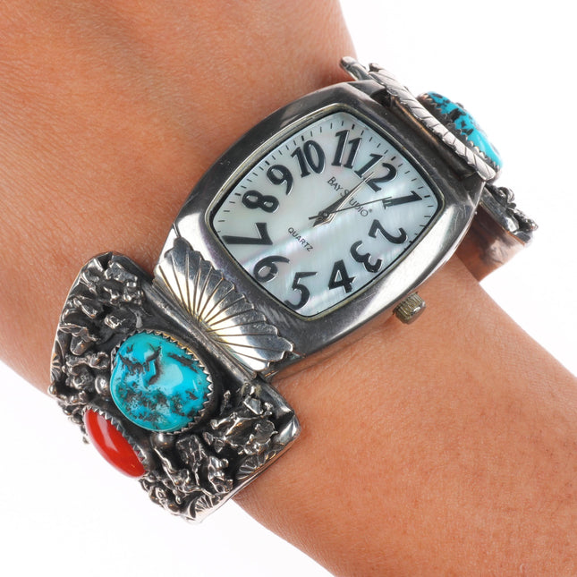 6.25" Jen Navajo Vintage sterling silver turquoise/coral heavy watch tips