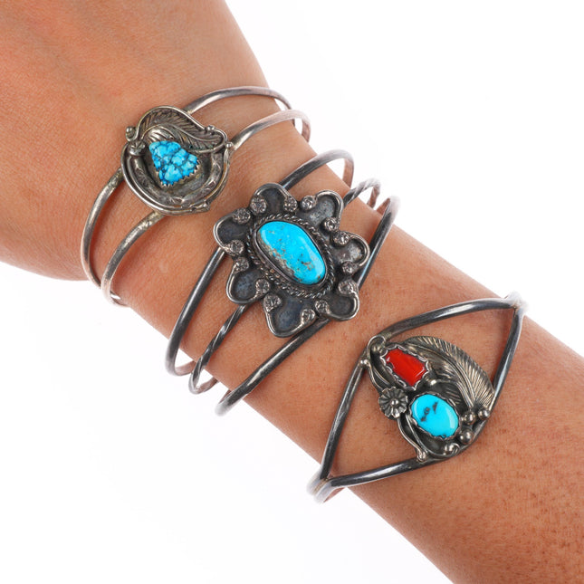 6.5" Vintage Navajo sterling silver turquoise-coral cuff bracelet lot