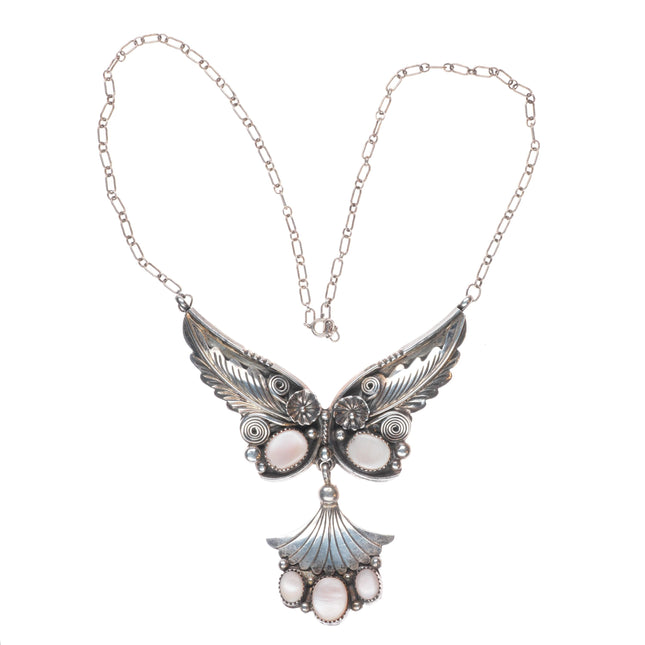18.5" Vintage H Navajo sterling silver pink mother of pearl butterfly necklace