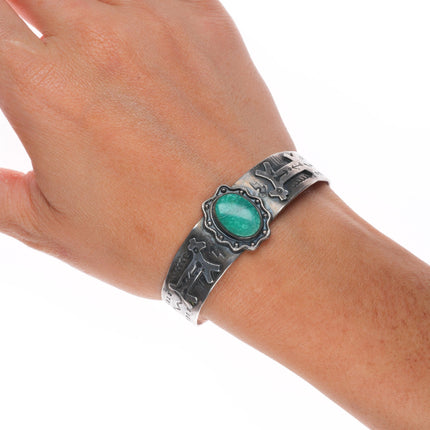 6.25" c1940's Fred Harvey sterling silver turquoise dogs/snakes cuff bracelet