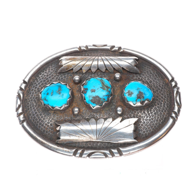 Big Heavy Vintage J Zuni sterling silver/turquoise belt buckle 3 stone