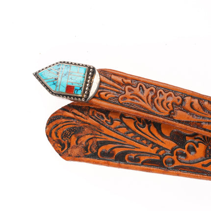 BG Mudd Navajo sterling silver turquoise/coral inlay ranger belt buckle set
