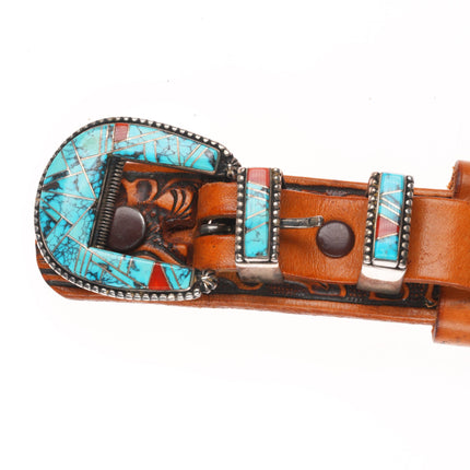 BG Mudd Navajo sterling silver turquoise/coral inlay ranger belt buckle set