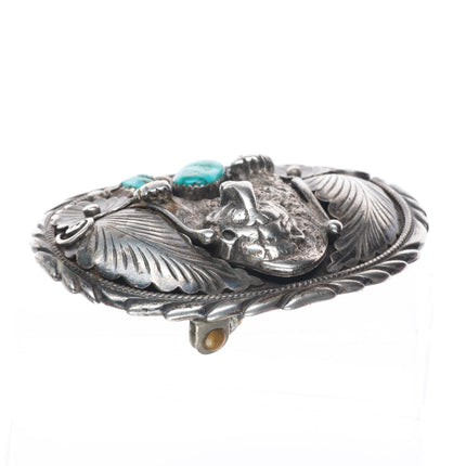Vintage Navajo sterling silver bear belt buckle with turquoise