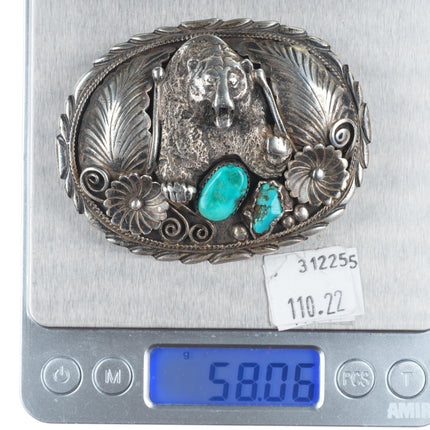Vintage Navajo sterling silver bear belt buckle with turquoise