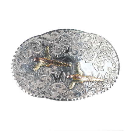 Vintage 10k gold black hills sterling silver pheasants belt buckle