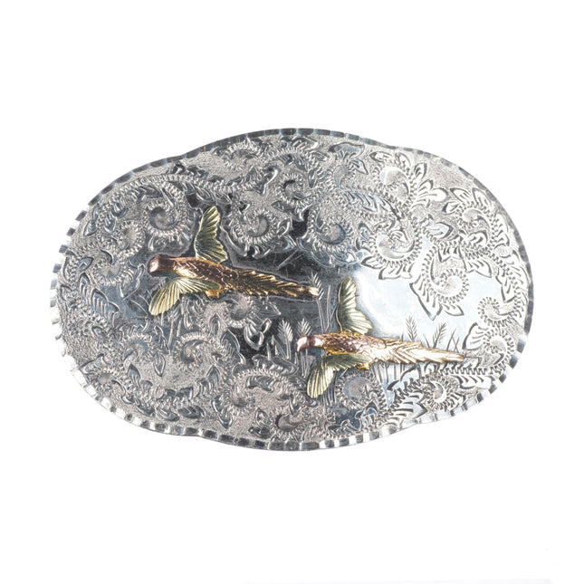 Vintage 10k gold black hills sterling silver pheasants belt buckle