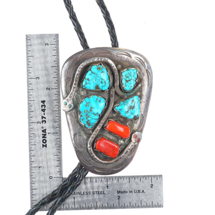 c1970 Effie Calavaza Zuni sterling silver, turquoise, coral snakes bolo tie