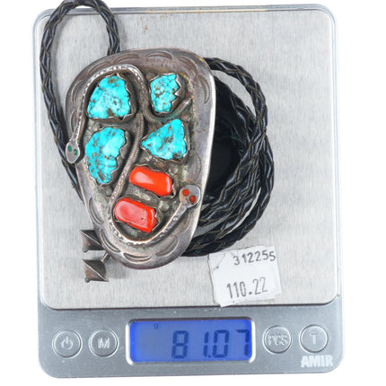 c1970 Effie Calavaza Zuni sterling silver, turquoise, coral snakes bolo tie