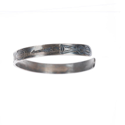 6.5" 1930's Vintage Navajo stamped owls ingot silver slim stacker cuff bracelet