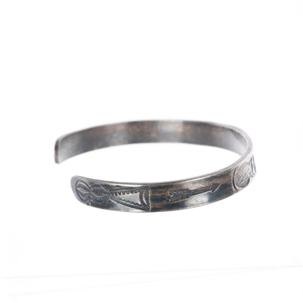 6.5" 1930's Vintage Navajo stamped owls ingot silver slim stacker cuff bracelet