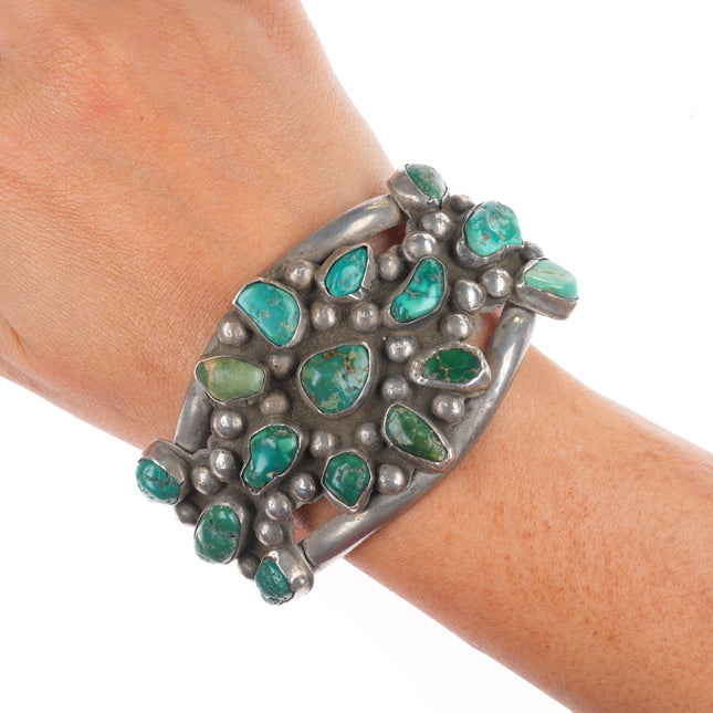6.75" c1930 Navajo rustic green turquoise cluster cuff bracelet sterling silver