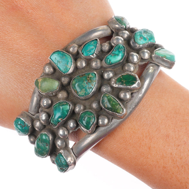6.75" c1930 Navajo rustic green turquoise cluster cuff bracelet sterling silver