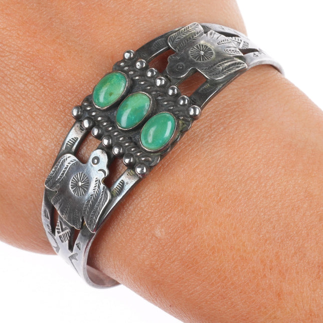 6.3" Vintage Navajo Fred Harvey type Thunderbird 3 stone turquoise cuff bracelet